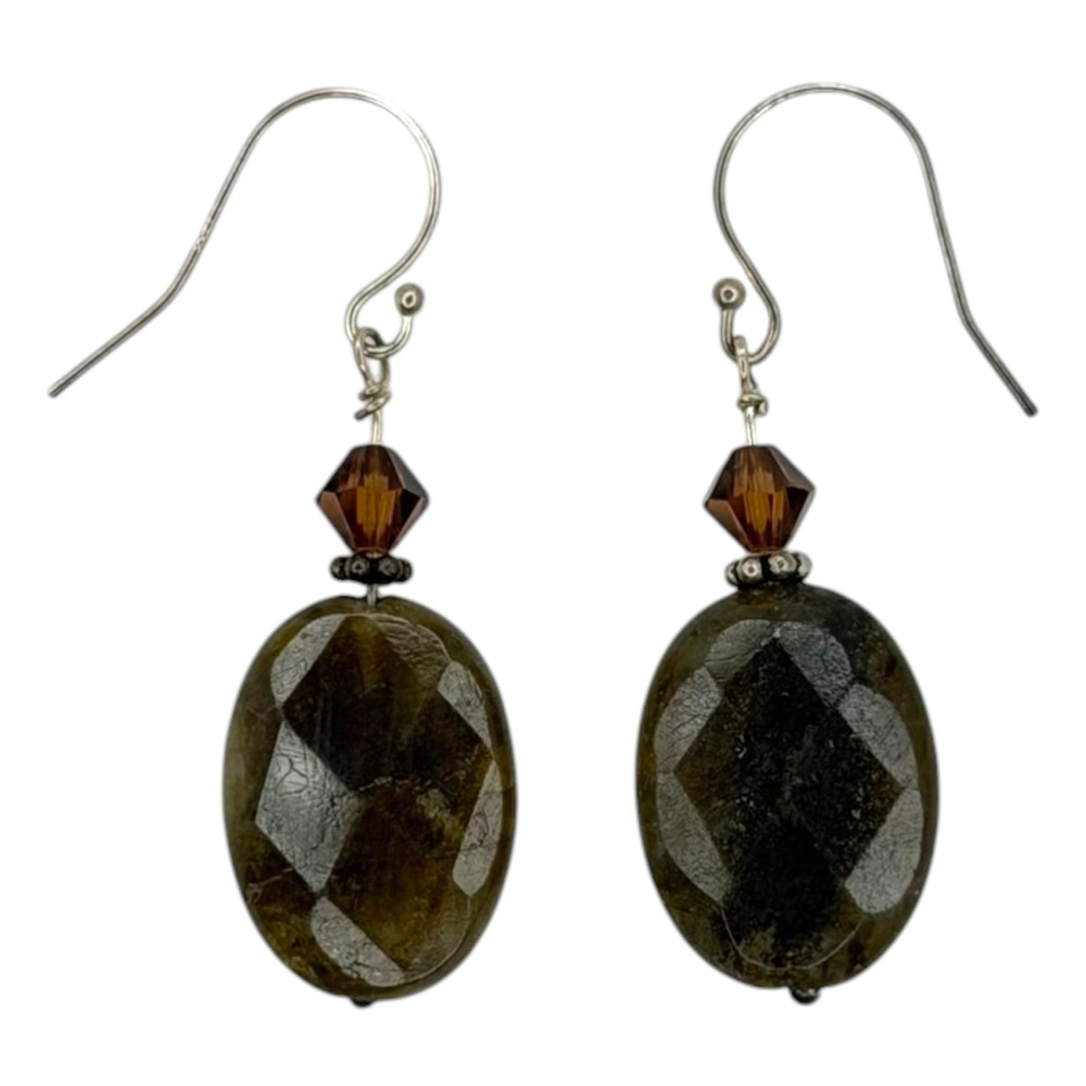 Vintage Dangle Earrings Labradorite Green Brown Faceted Oval Crystal Drop